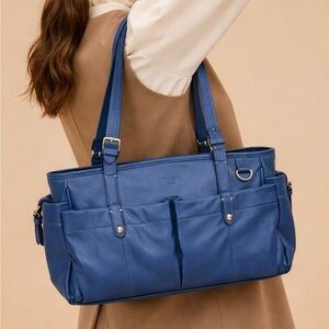 Lachetta Milano soft leather blue multi pocket satchel gold hardware handbag